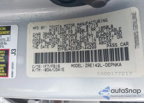 2013 Toyota Corolla Le z USA, uszkodzony, nr VIN 5YFBU4EE8DP144299